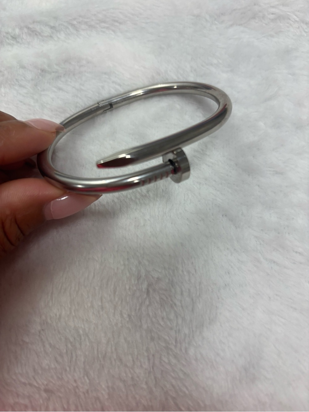 Silver Tone Stainless Steel Nail Inspired Open Cuff Bangle Bracelet